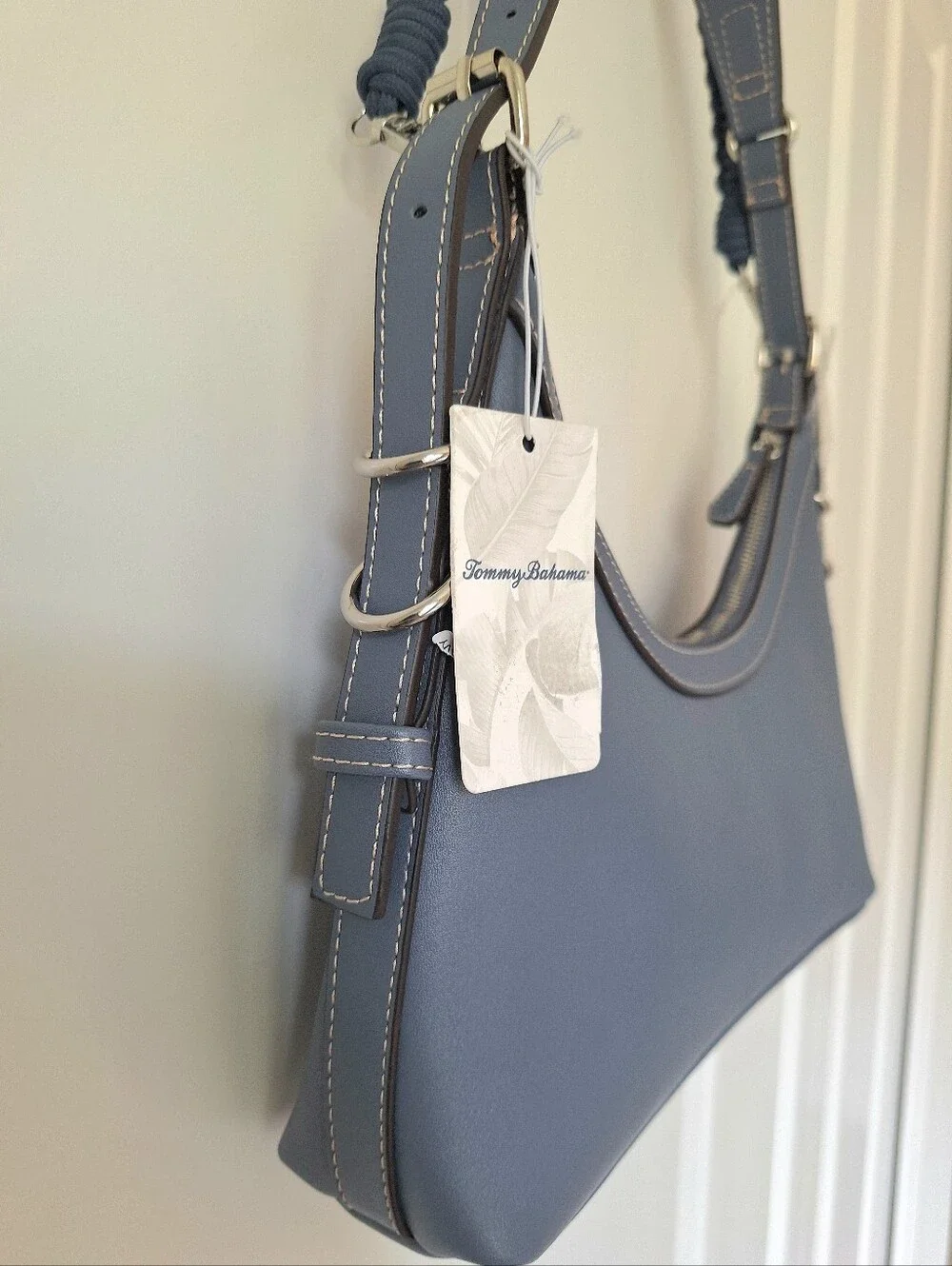 Tommy Bahama Debossed Logo Zip-Top Dusty Blue Hobo Shoulder Bag Two Straps